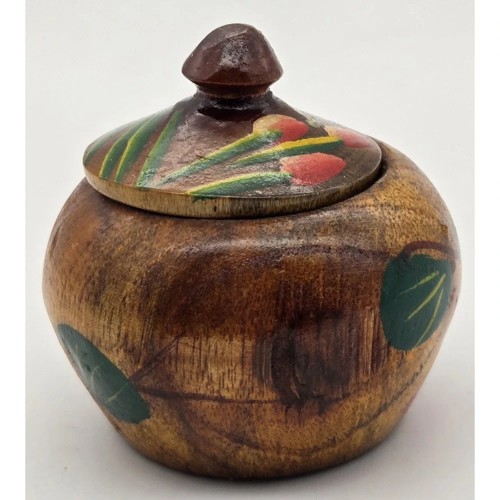 Hand Carved Wooden Trinket Jar Parrot Painted Colorful Lid Tropical Island Decor